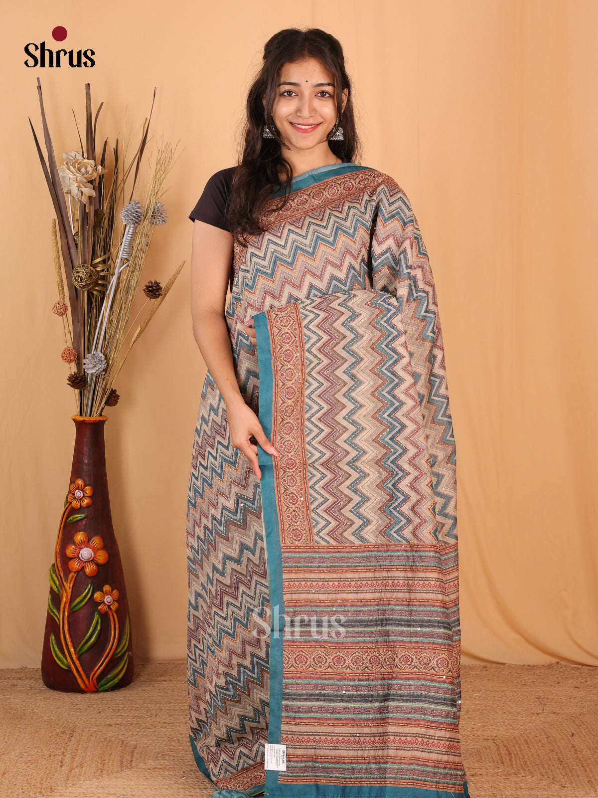 Dusty Pink & Blue- Semi Kantha Saree - Shop on Shrus.com