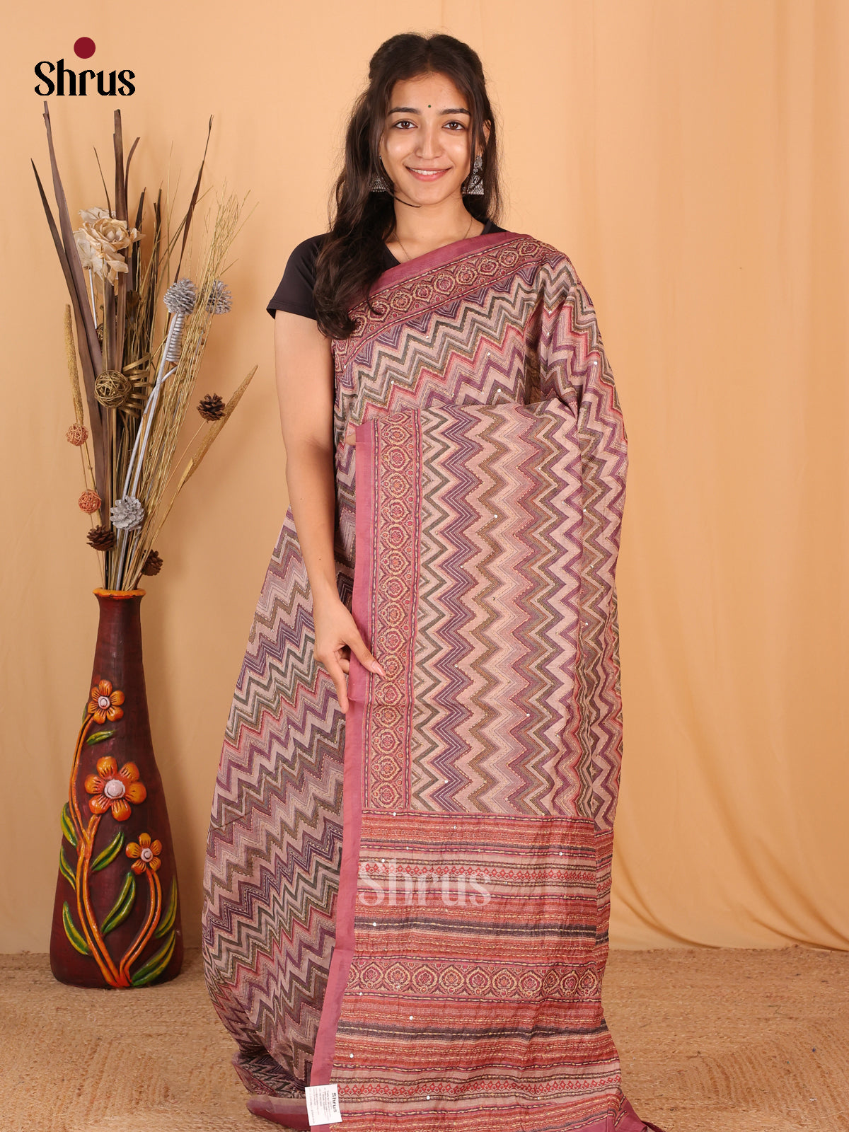Multicolor & Pink - Semi Kantha Saree - Shop on Shrus.com