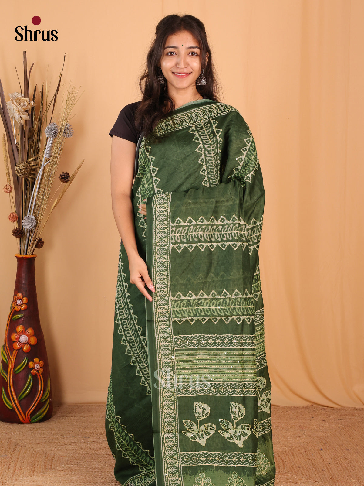 Green- Semi Kantha Saree - Shop on Shrus.com