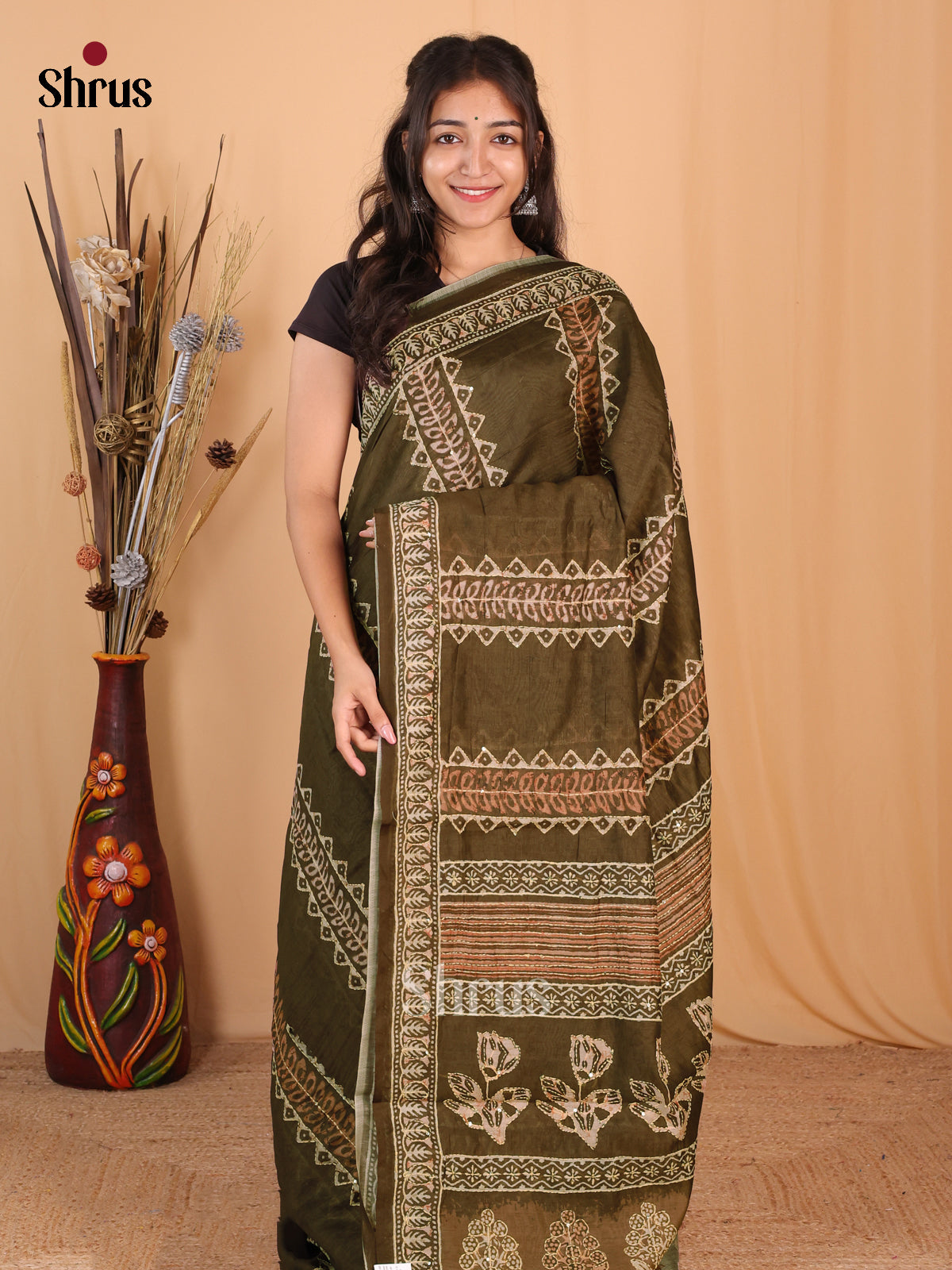 Mehandi Green- Semi Kantha Saree - Shop on Shrus.com