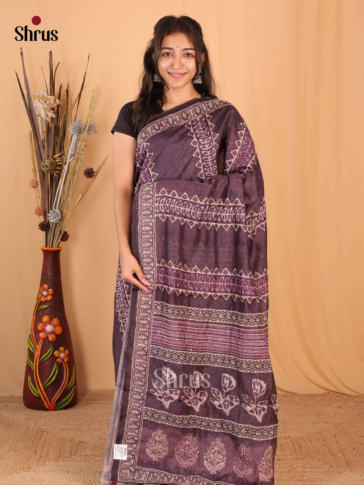Purple- Semi Kantha Saree - Shop on Shrus.com