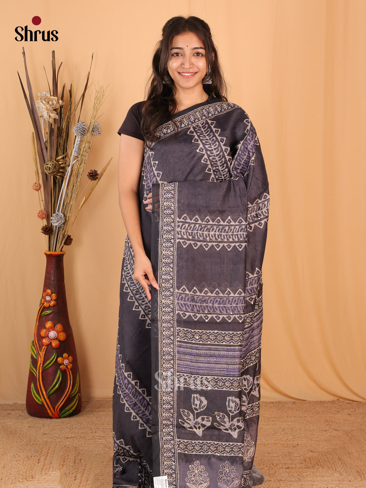 Black - Semi Kantha Saree - Shop on Shrus.com