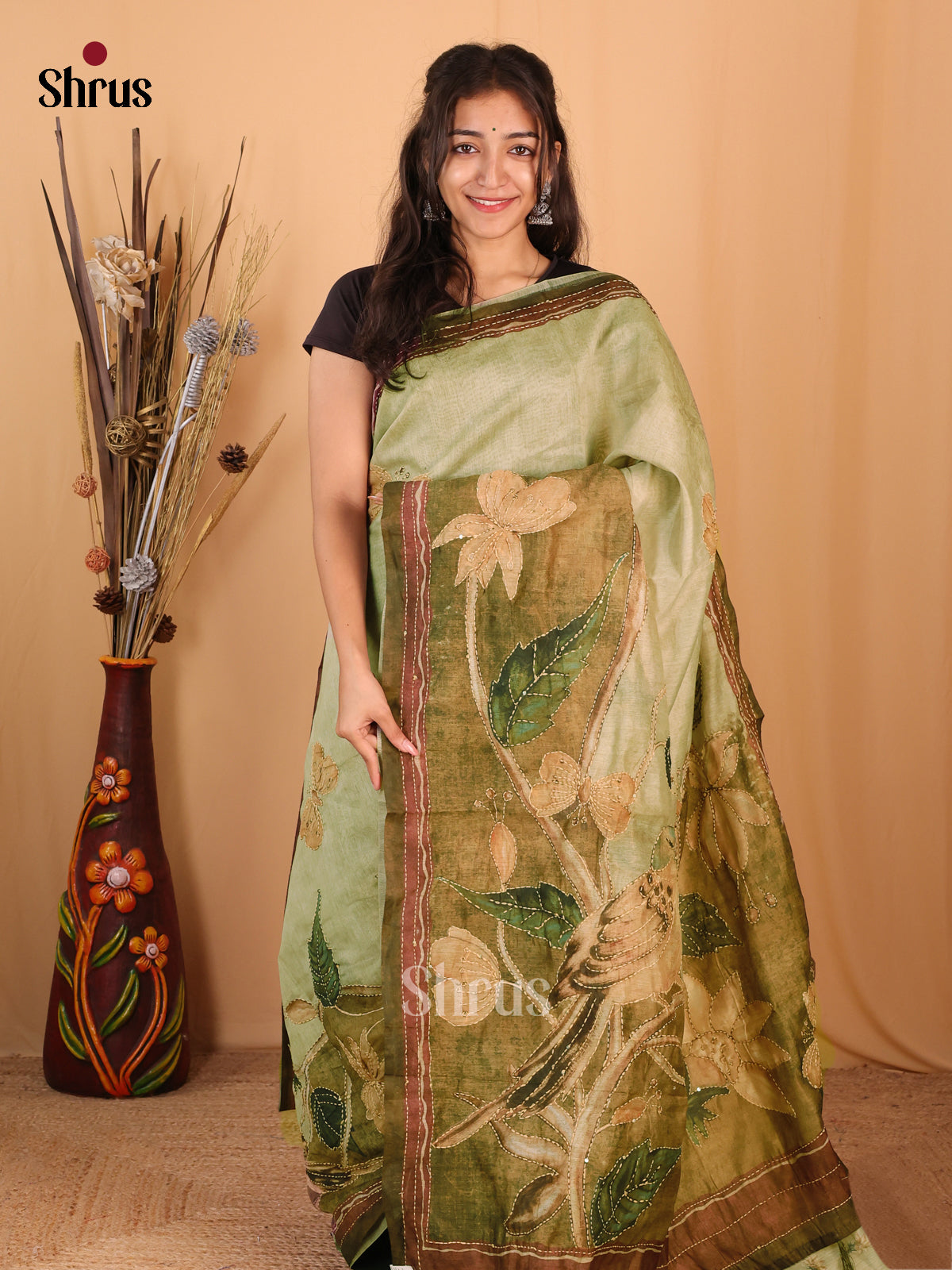 Green - Semi Kantha Saree - Shop on Shrus.com