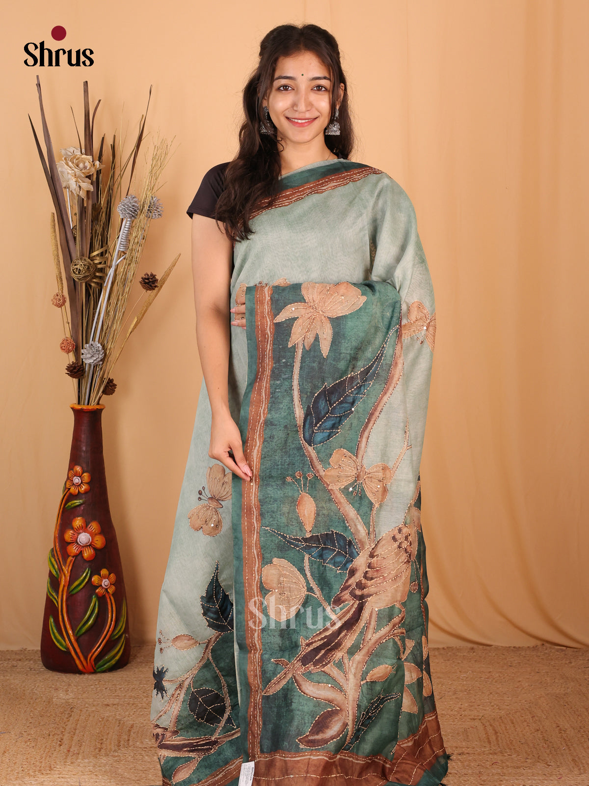 Mint Green - Semi Kantha Saree - Shop on Shrus.com