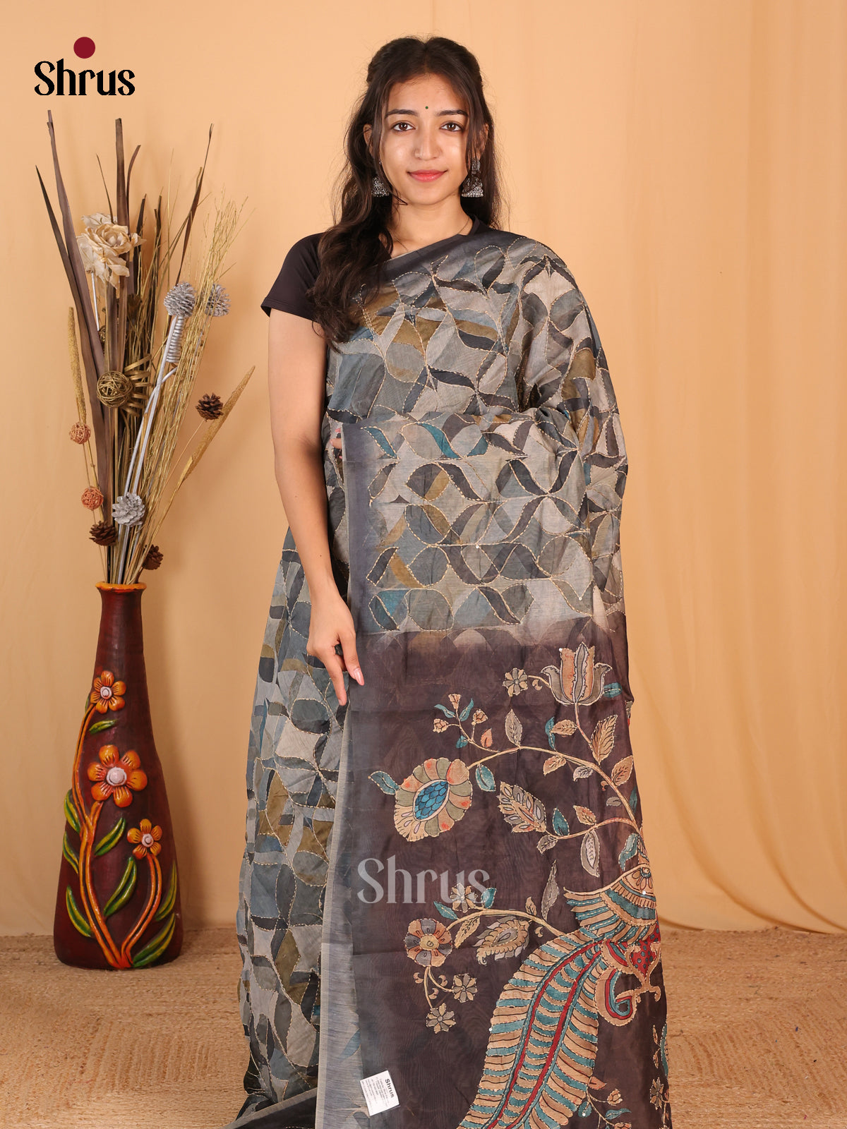 Grey & Brown - Semi Kantha Saree - Shop on Shrus.com
