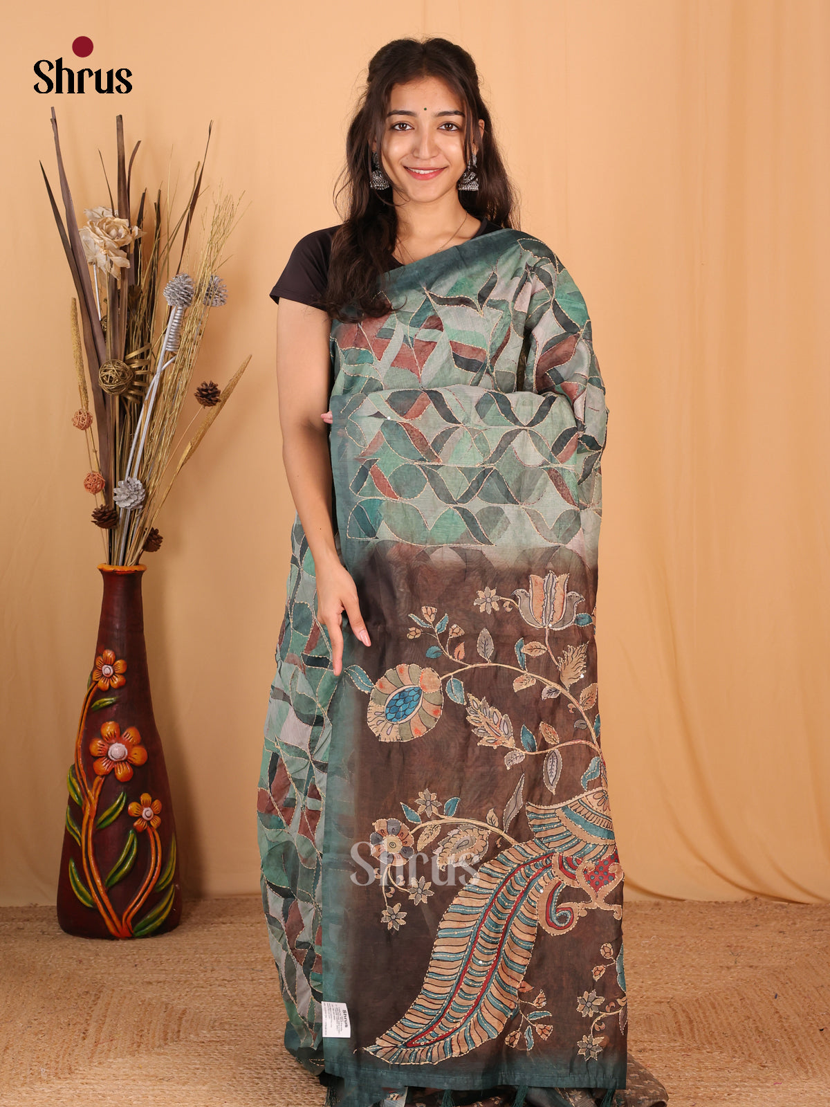 Green & Brown - Semi Kantha Saree - Shop on Shrus.com