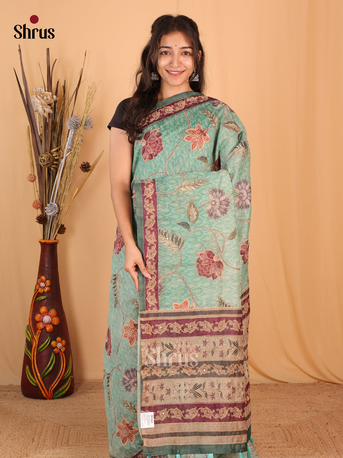 Green & Brown - Semi Kantha Saree - Shop on Shrus.com