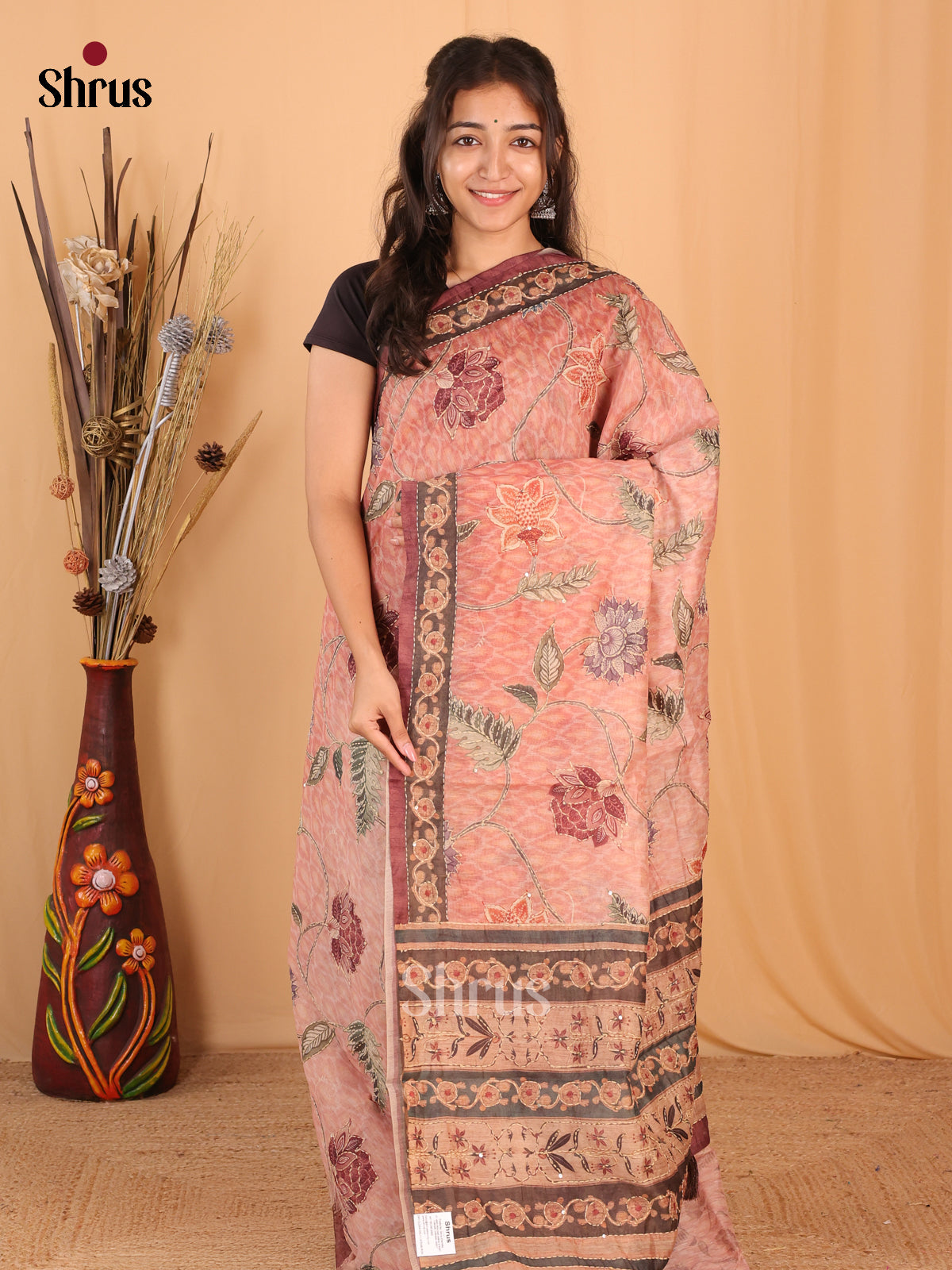 Peachish Pink & Brown - Semi Kantha Saree - Shop on Shrus.com