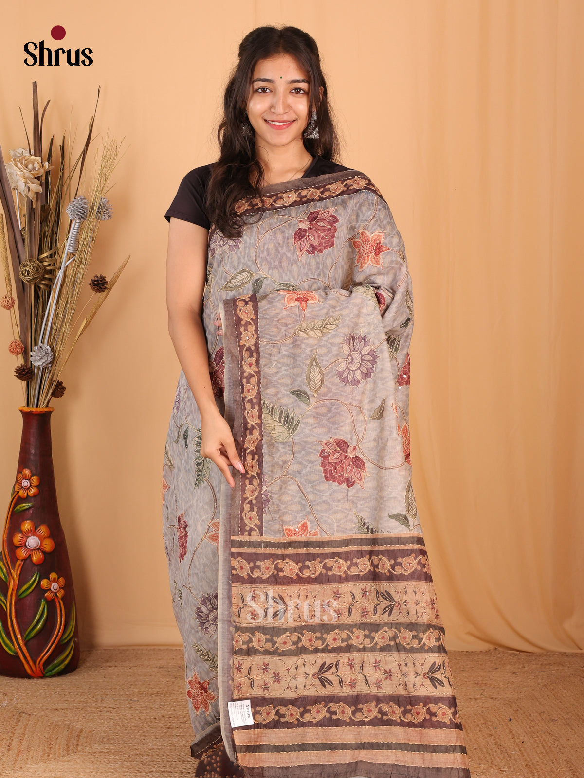 Grey & Brown - Semi Kantha Saree - Shop on Shrus.com