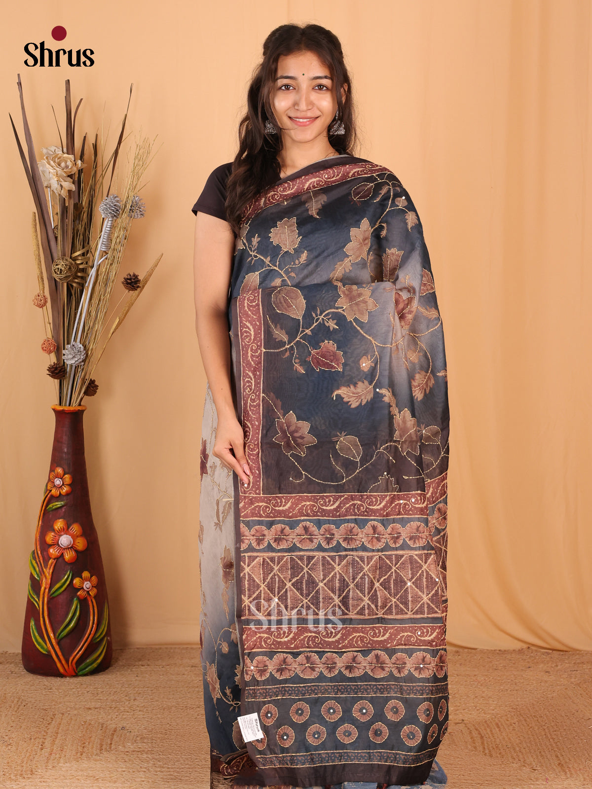 Grey & Black - Semi Kantha Saree - Shop on Shrus.com