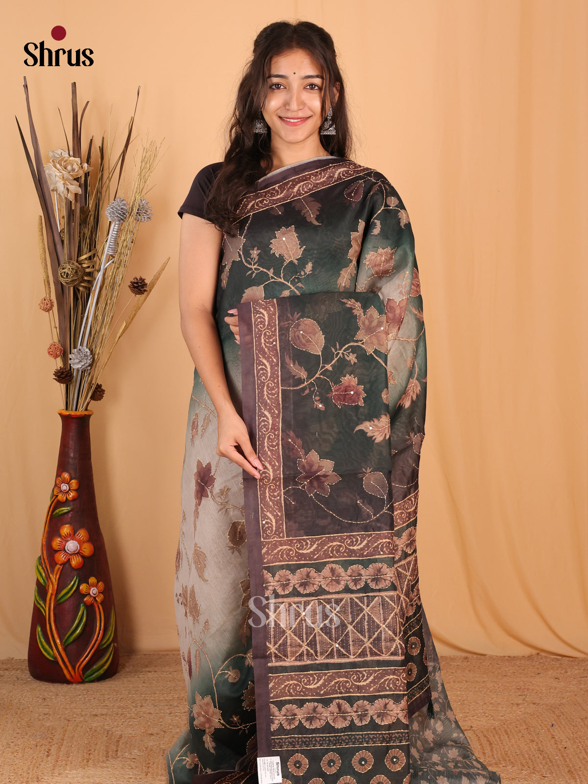 Grey & Green - Semi Kantha Saree - Shop on Shrus.com