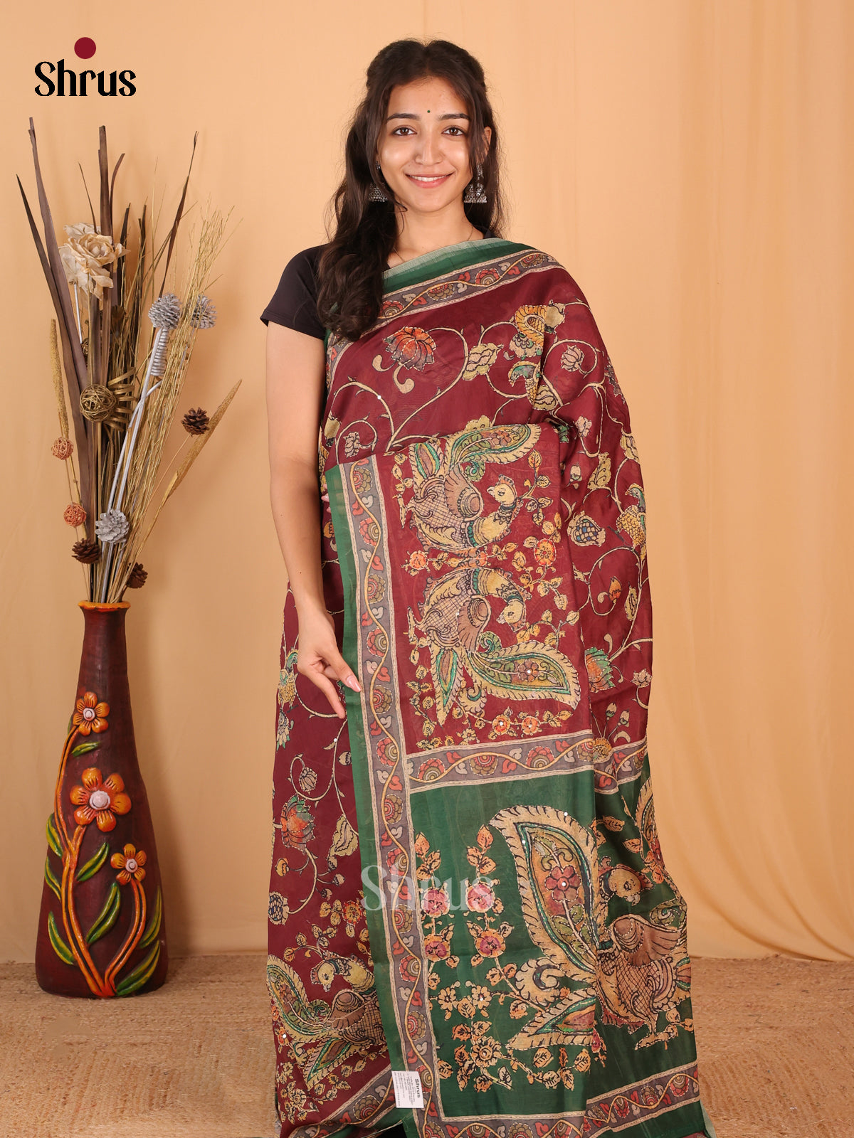 Maroon & Green - Semi Kantha Saree - Shop on Shrus.com
