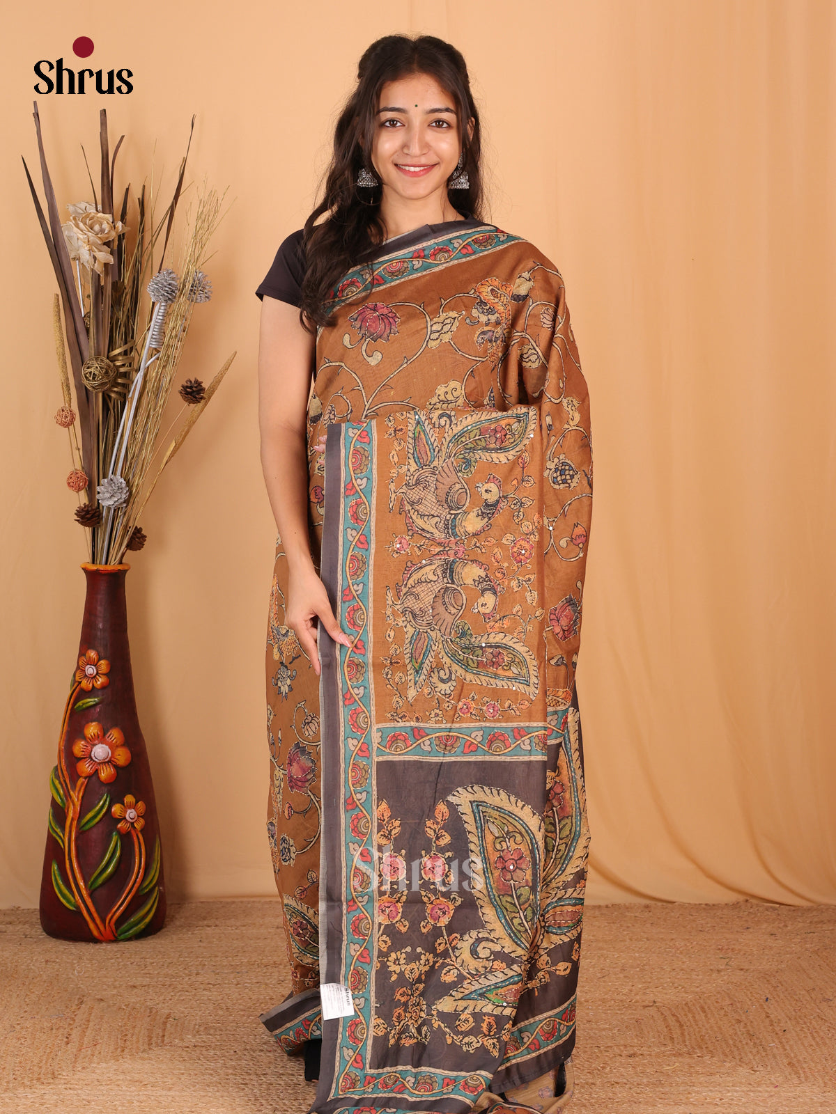 Brown - Semi Kantha Saree - Shop on Shrus.com