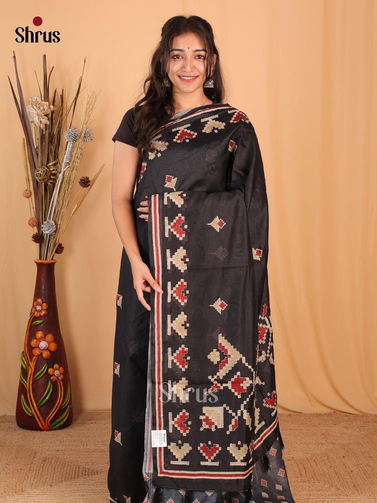 Black- Semi Kantha Saree - Shop on Shrus.com