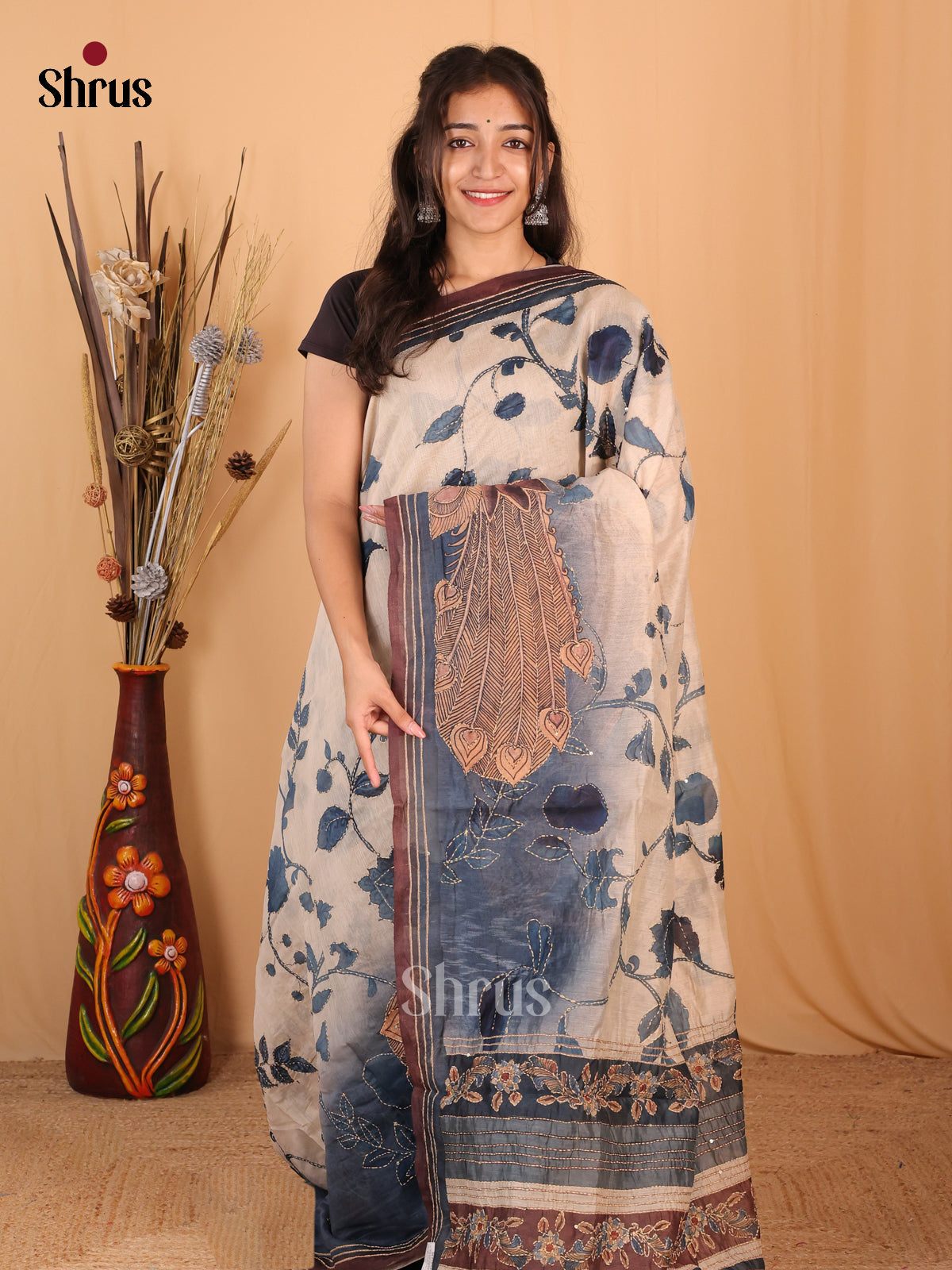 Cream & Blue - Semi Kantha Saree - Shop on Shrus.com