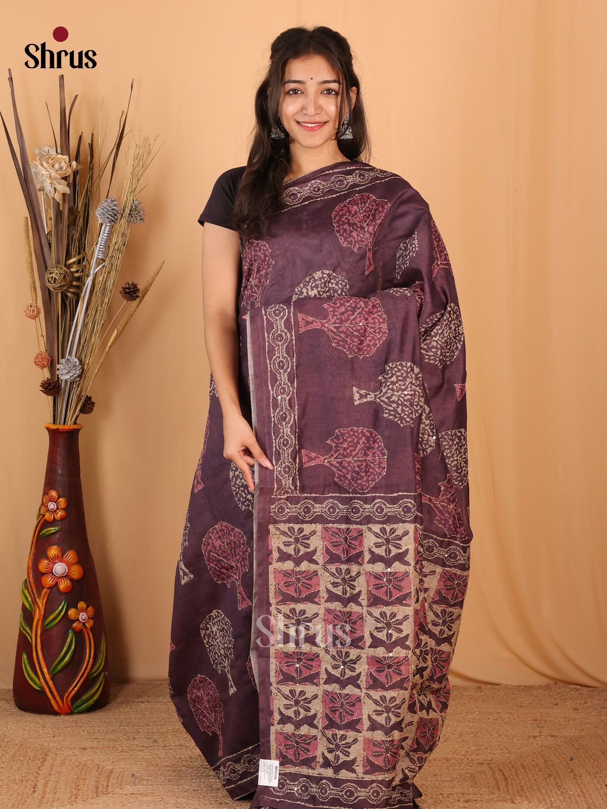 Brown - Semi Kantha Saree - Shop on Shrus.com