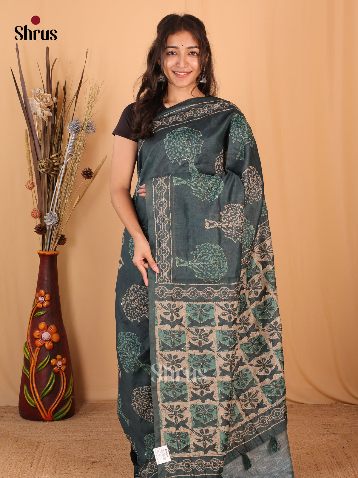 Green - Semi Kantha Saree - Shop on Shrus.com