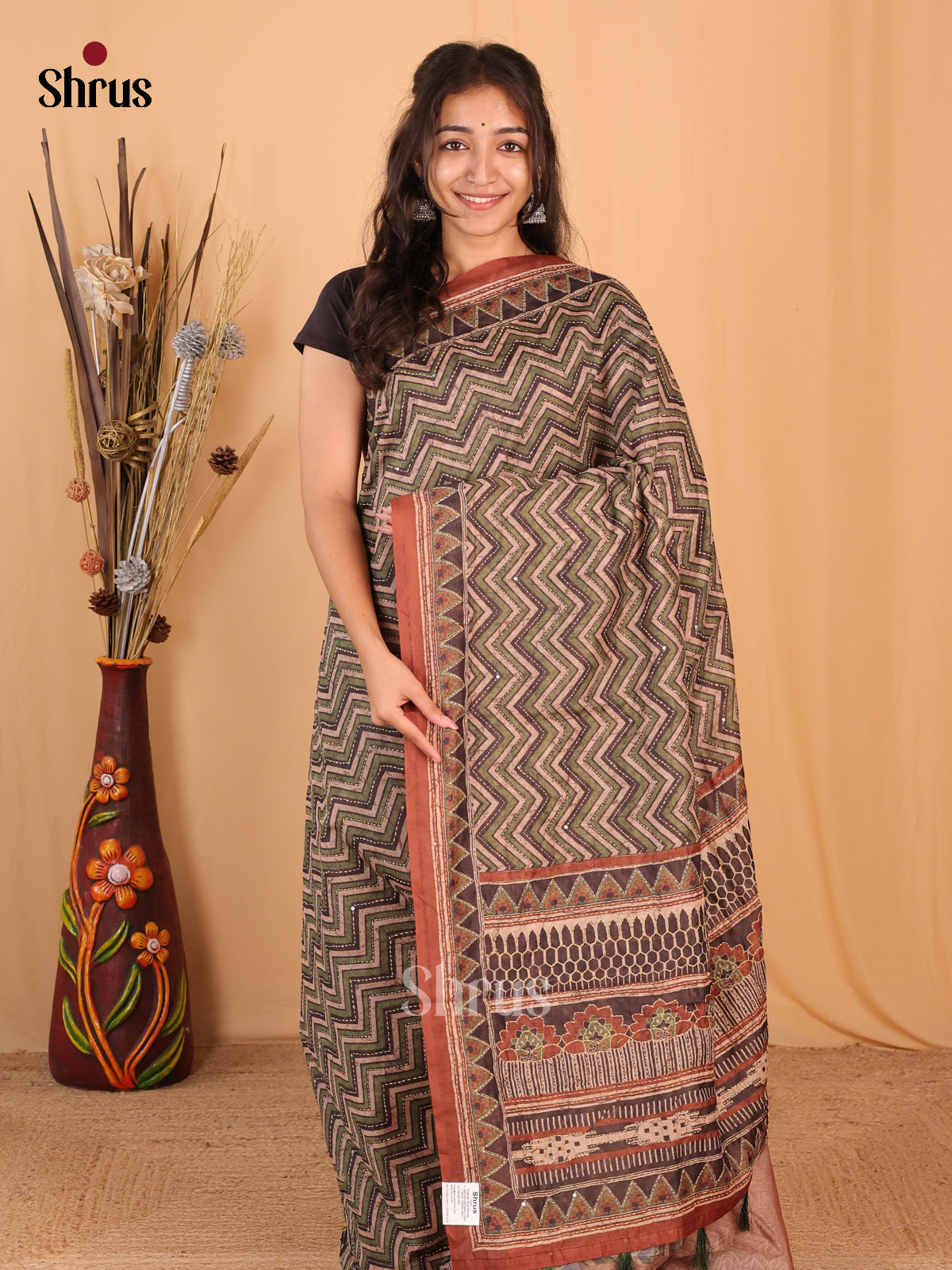 Green & Brown- Semi Kantha Saree - Shop on Shrus.com