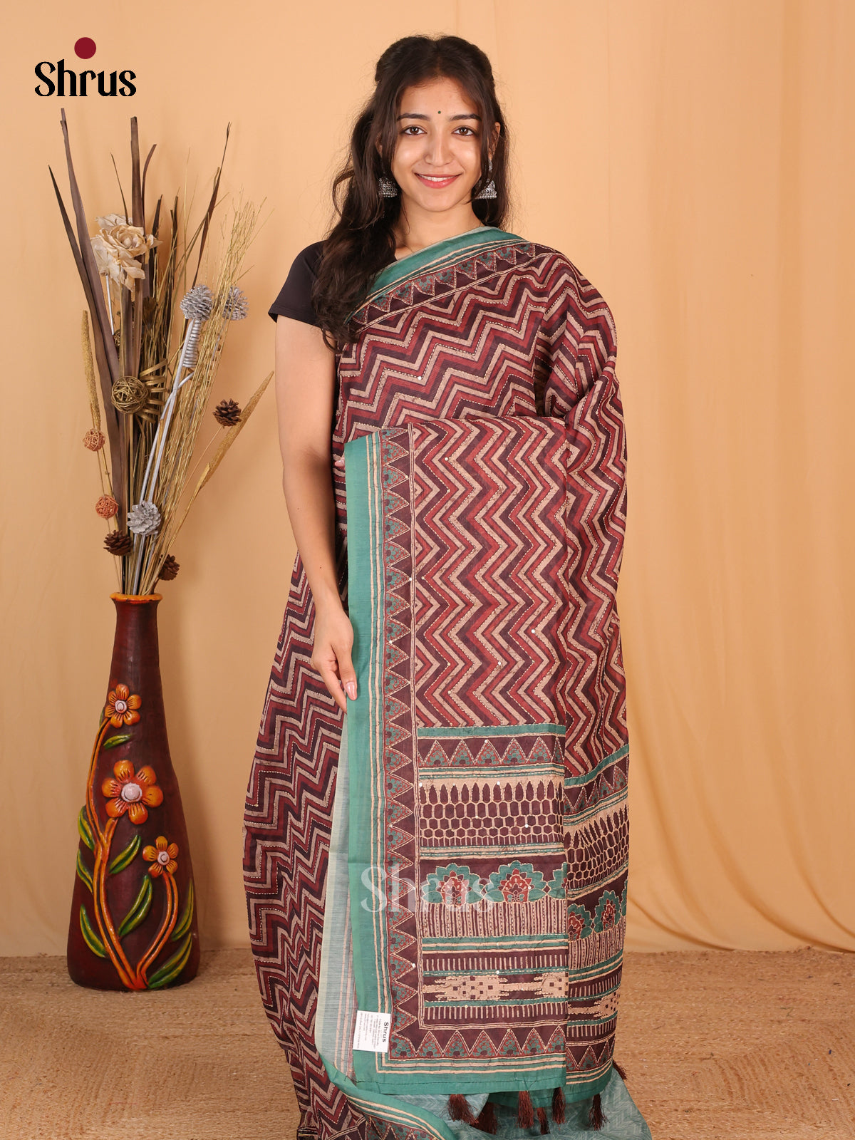 Brown & Green - Semi Kantha Saree - Shop on Shrus.com