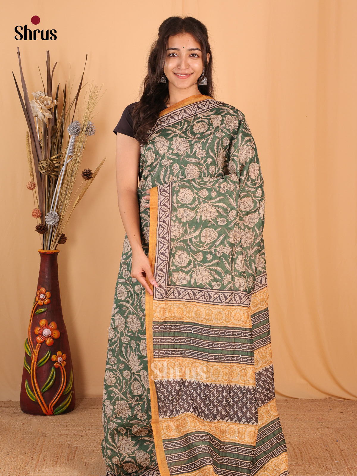 Green & Mustard - Semi Kantha Saree - Shop on Shrus.com