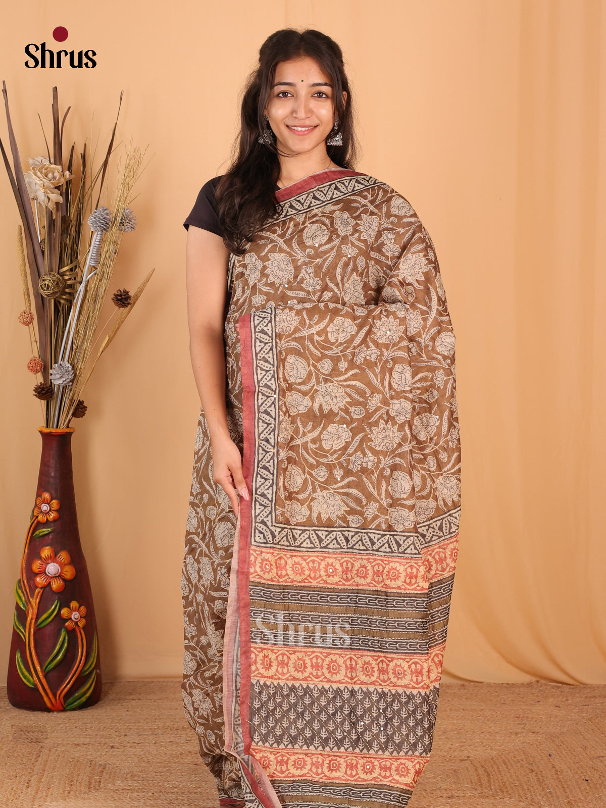 Lite Brown & Brown - Semi Kantha Saree - Shop on Shrus.com