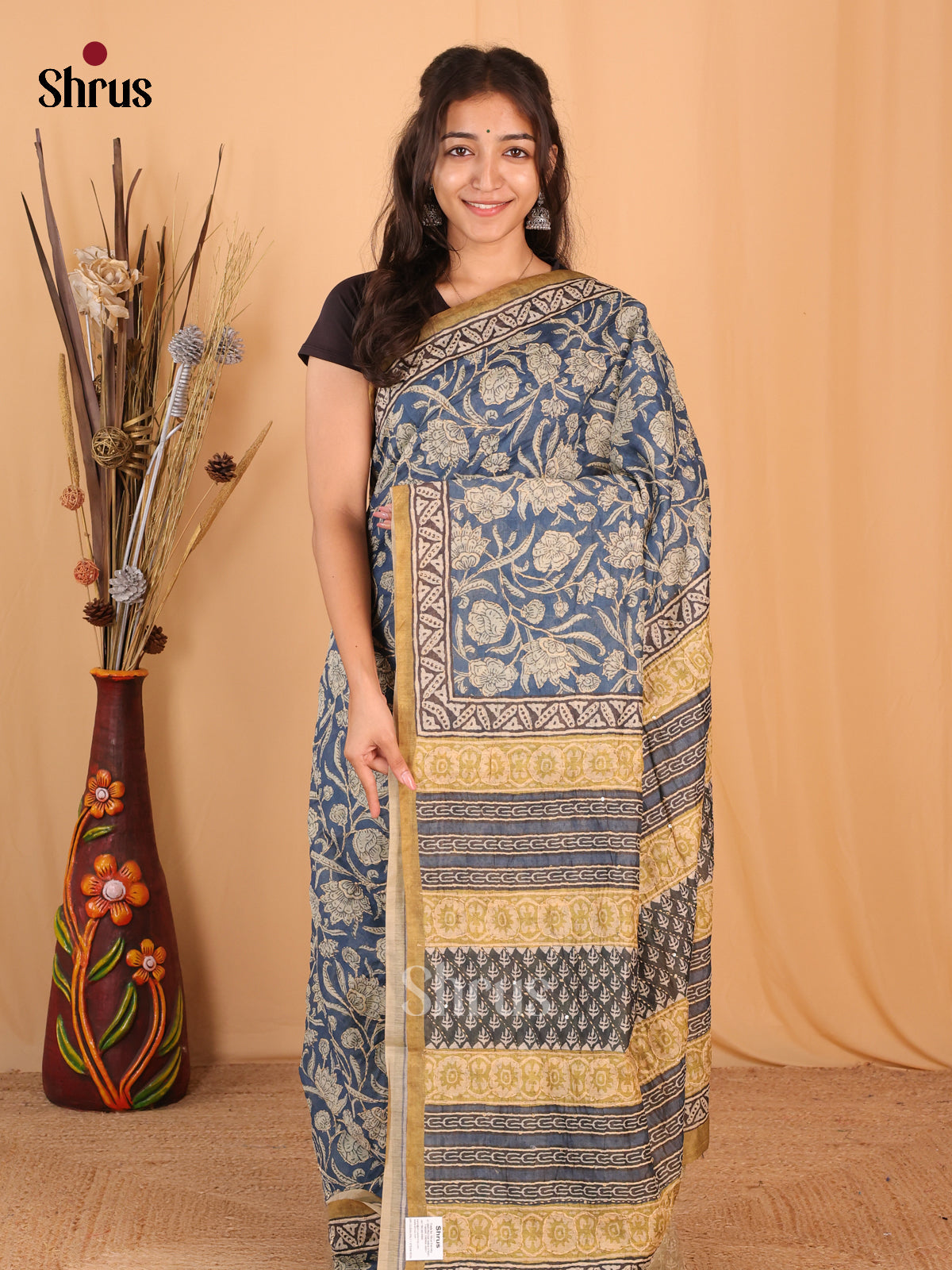 Blue & Mustard - Semi Kantha Saree - Shop on Shrus.com