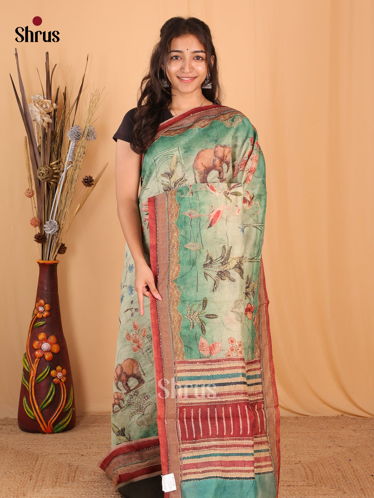 Green & Maroon - Semi Kantha Saree - Shop on Shrus.com