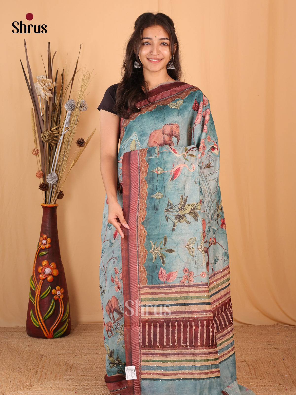 Blue & Brown- Semi Kantha Saree - Shop on Shrus.com