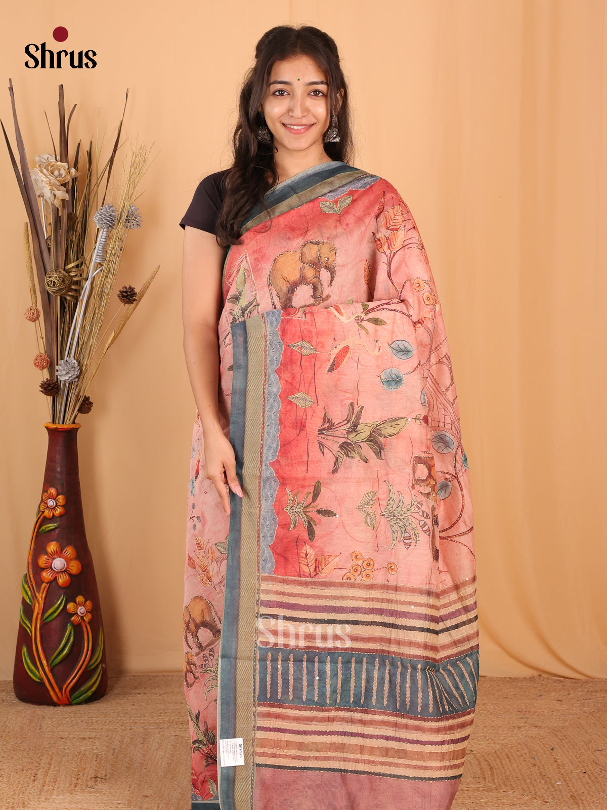 Peachish Pink & Grey - Semi Kantha Saree - Shop on Shrus.com