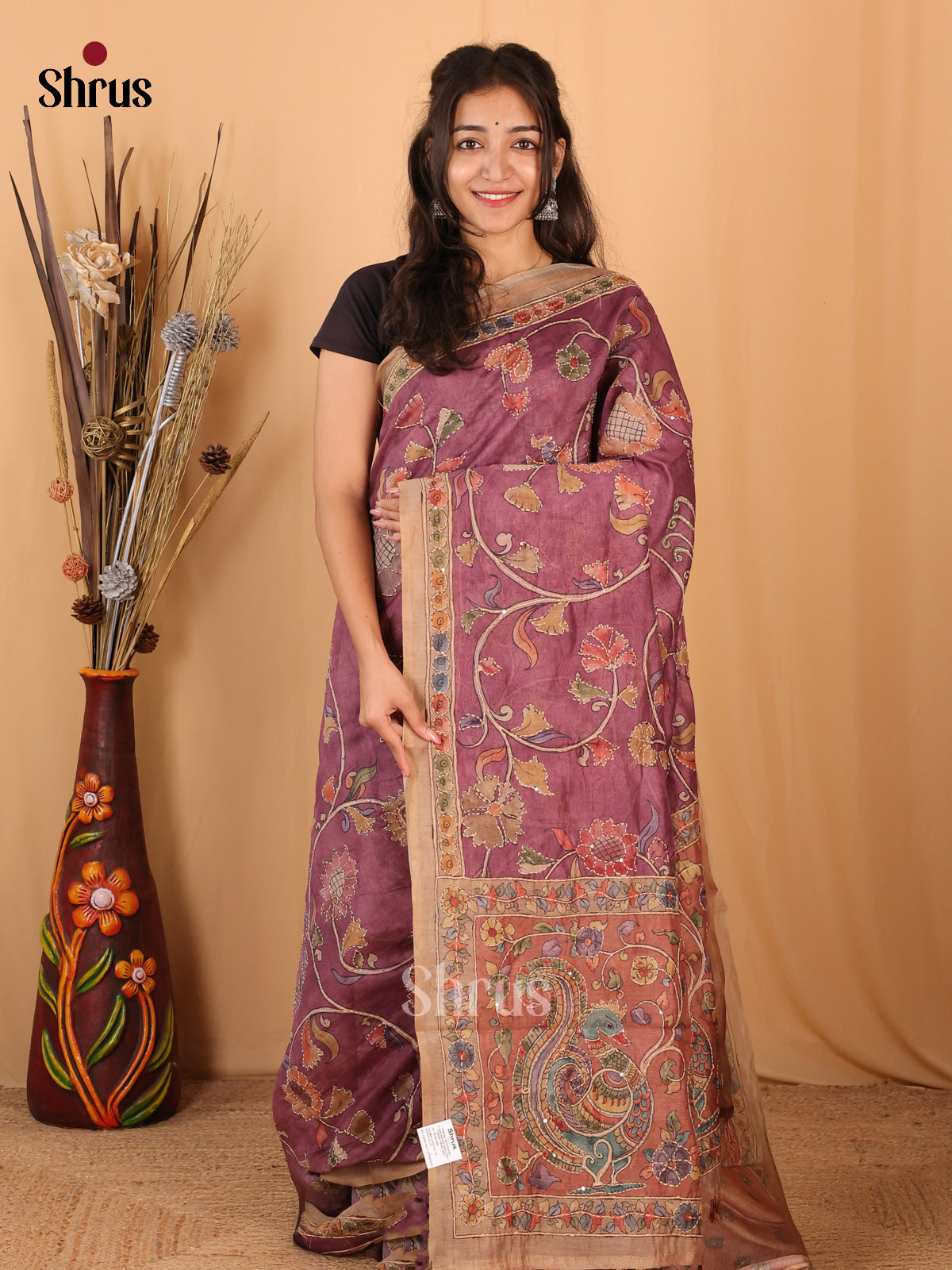 Purple & Brown - Semi Kantha Saree - Shop on Shrus.com