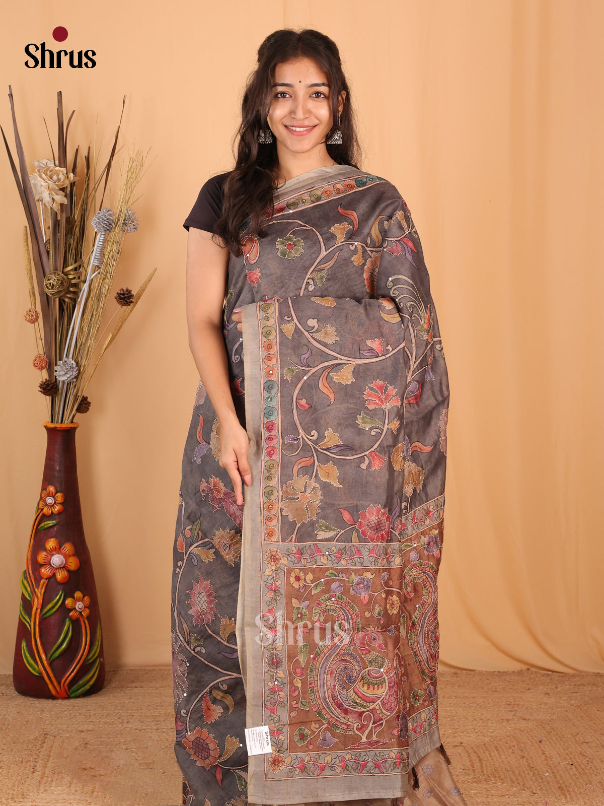 Grey & Brown - Semi Kantha Saree - Shop on Shrus.com