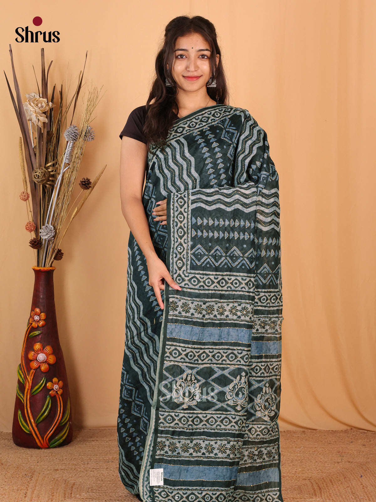 Green - Semi Kantha Saree - Shop on Shrus.com