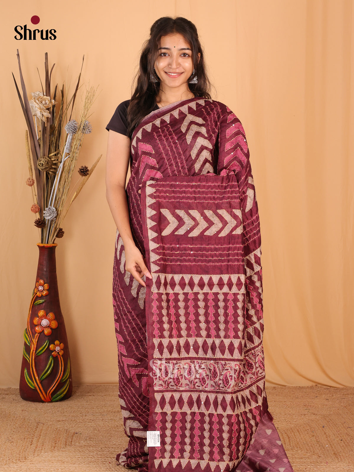 Maroon - Semi Kantha Saree - Shop on Shrus.com