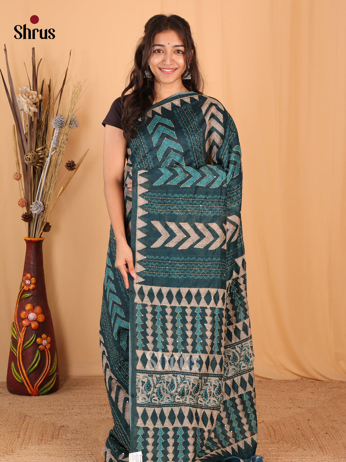 Peacock Green - Semi Kantha Saree - Shop on Shrus.com