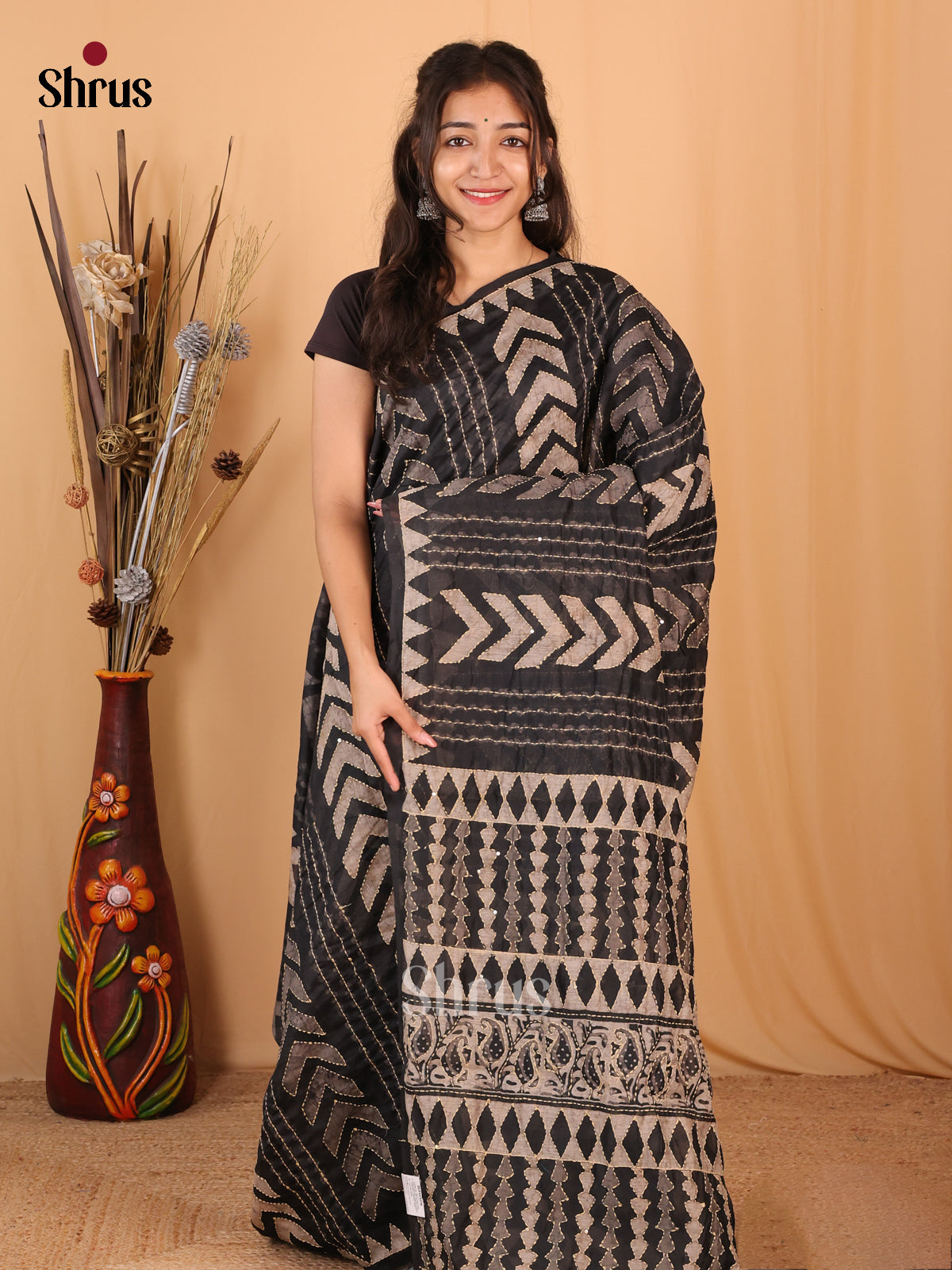 Black - Semi Kantha Saree - Shop on Shrus.com