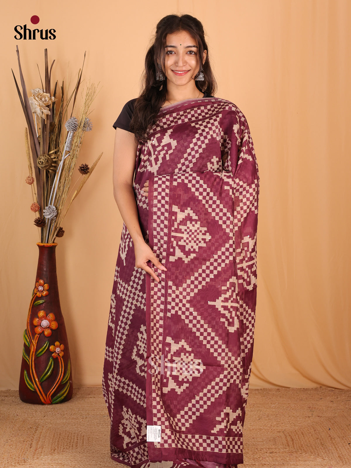 Maroon - Semi Kantha Saree - Shop on Shrus.com