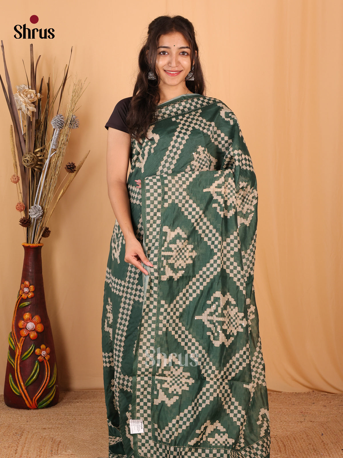 Green - Semi Kantha Saree - Shop on Shrus.com