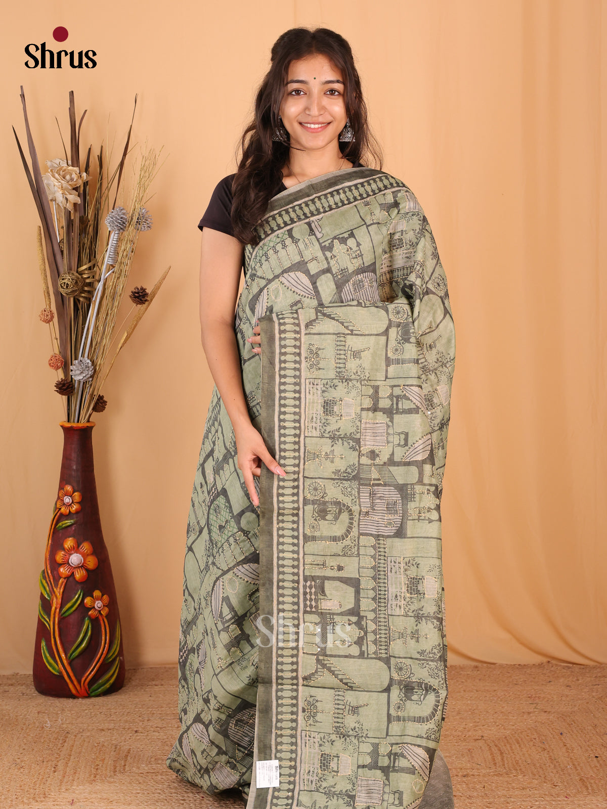 Mint Green - Semi Kantha Saree - Shop on Shrus.com
