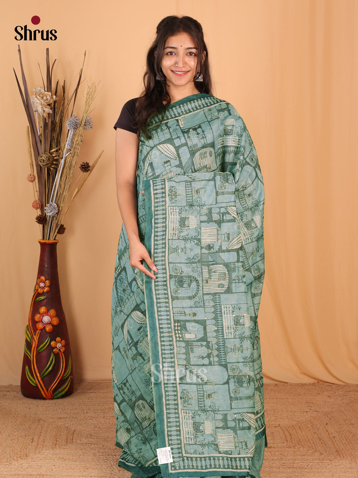 Green - Semi Kantha Saree - Shop on Shrus.com
