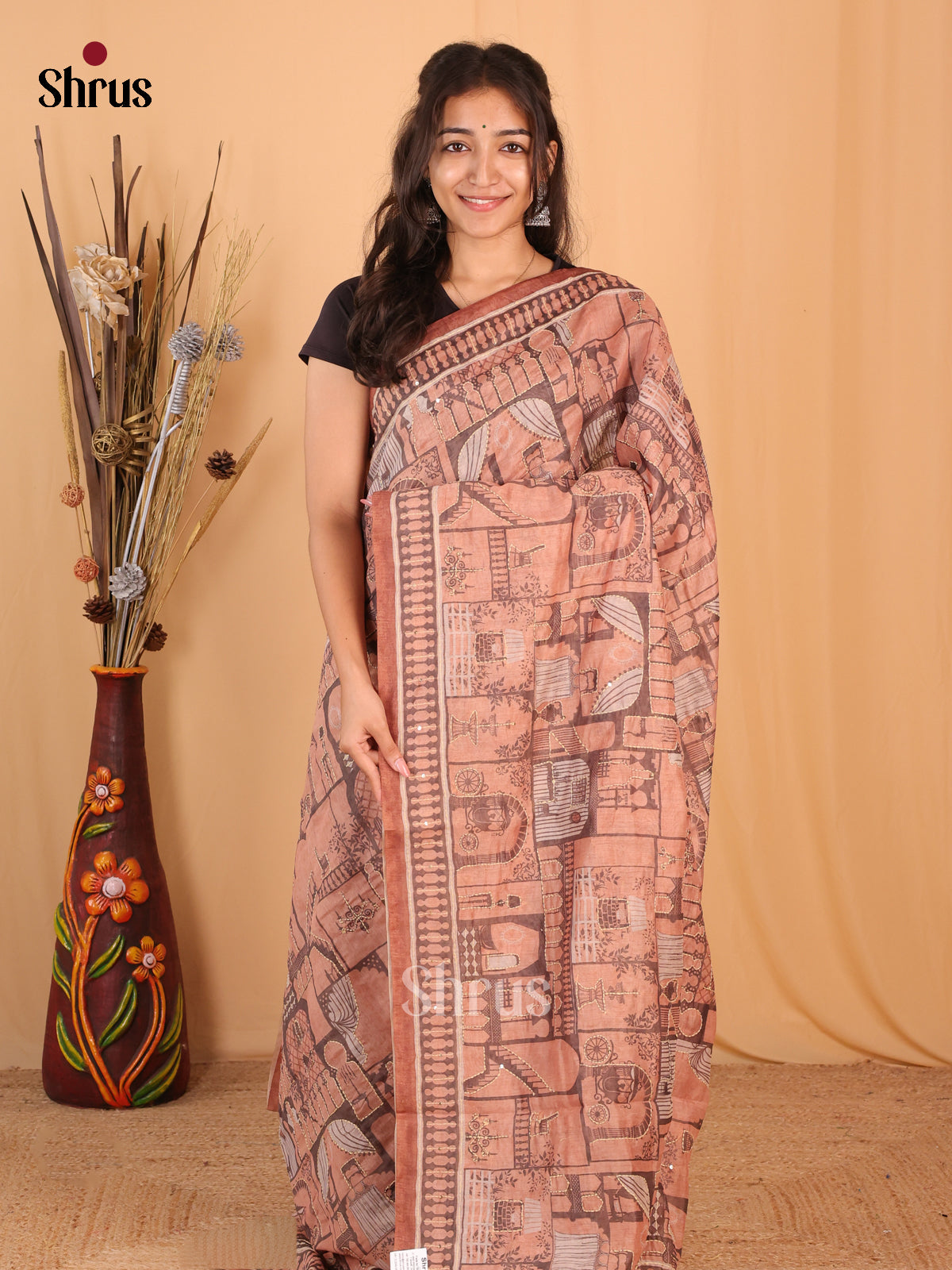 Dusty Brown - Semi Kantha Saree - Shop on Shrus.com