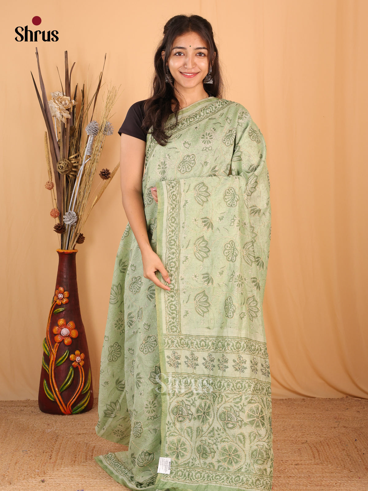 Pastel Green - Semi Kantha Saree - Shop on Shrus.com
