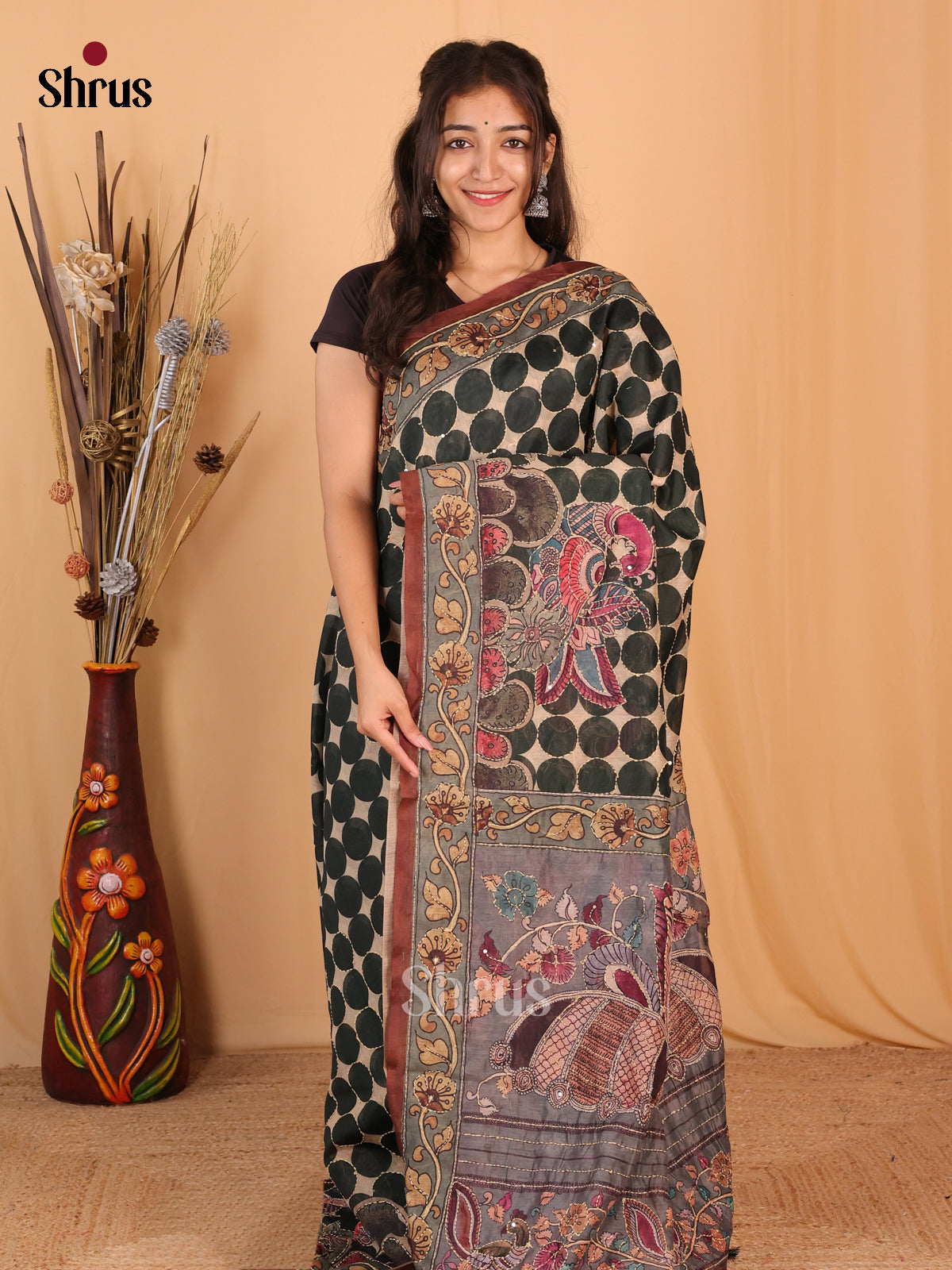 Green & Grey - Semi Kantha Saree - Shop on Shrus.com