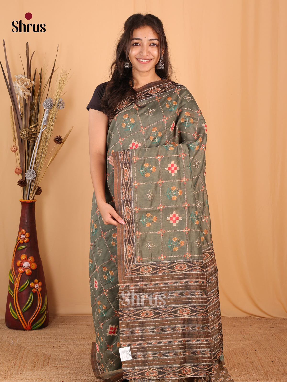 Green & Brown- Semi Kantha Saree - Shop on Shrus.com