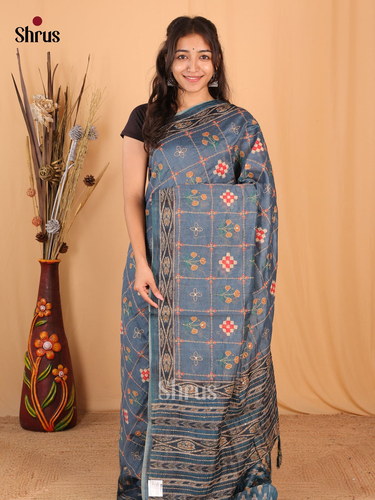 Greyish Blue - Semi Kantha Saree - Shop on Shrus.com