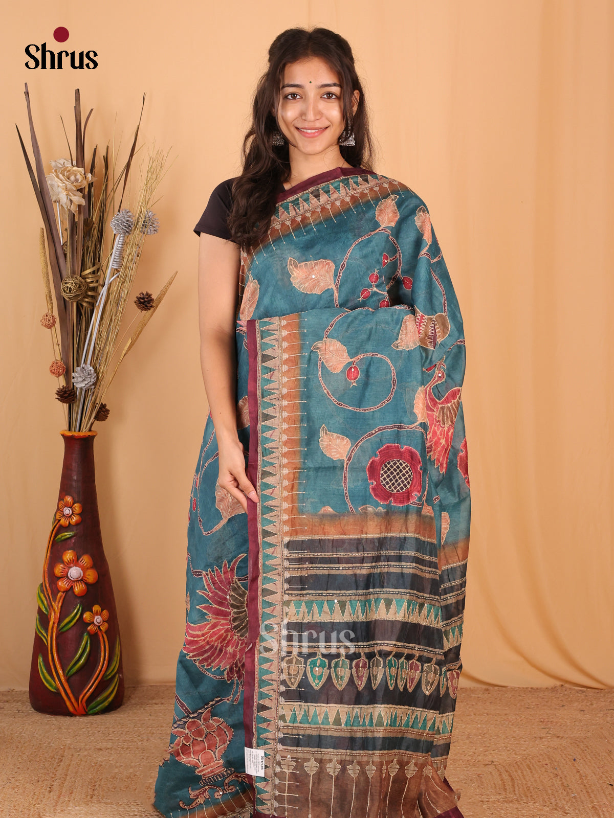 Blue & Maroon - Semi Kantha Saree - Shop on Shrus.com