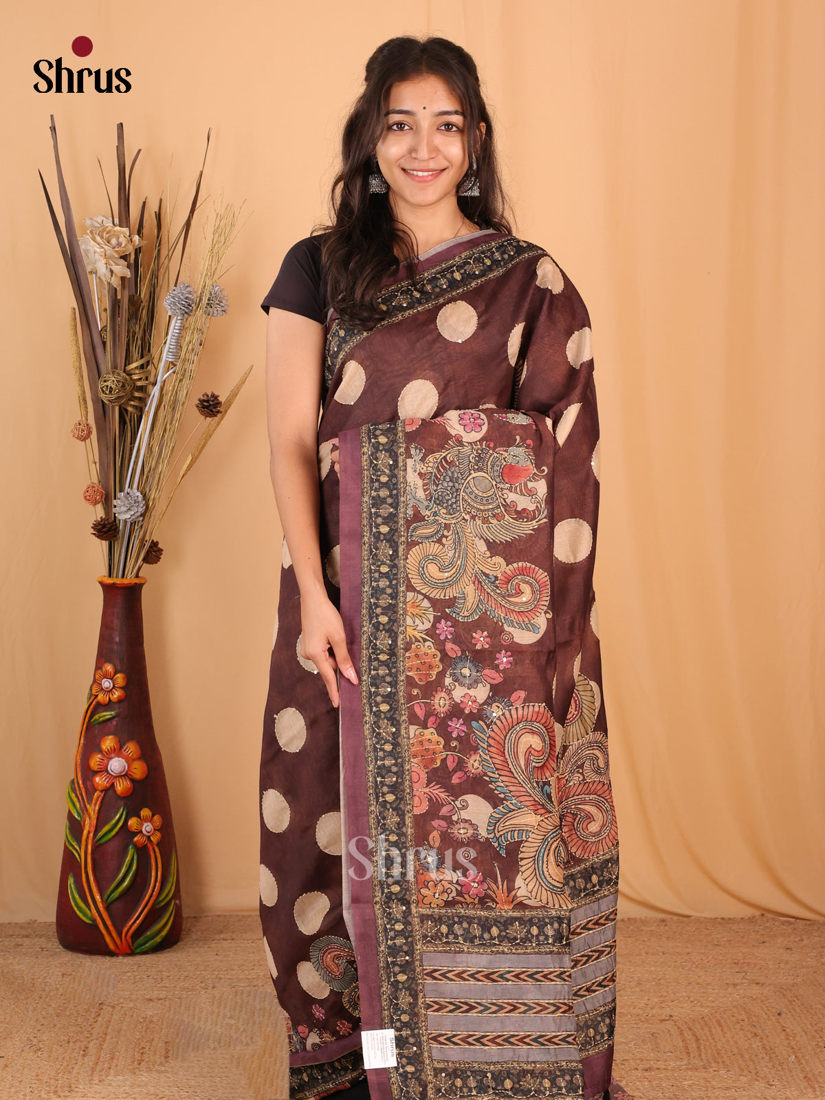 Brown - Semi Kantha Saree - Shop on Shrus.com