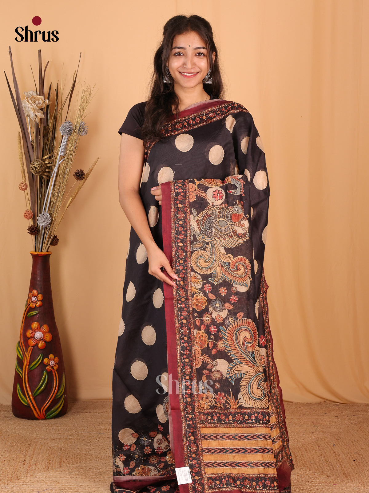 Dark Brown & Maroon- Semi Kantha Saree - Shop on Shrus.com