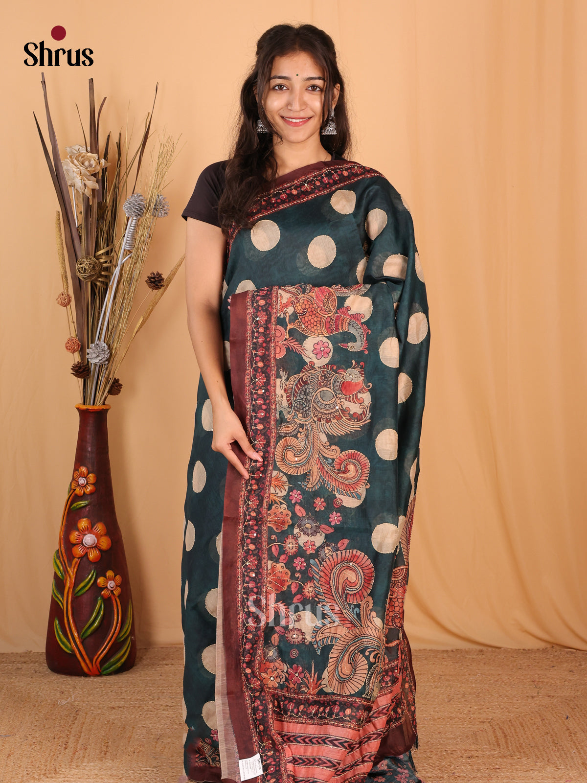 Peacock Green & Brown - Semi Kantha Saree - Shop on Shrus.com