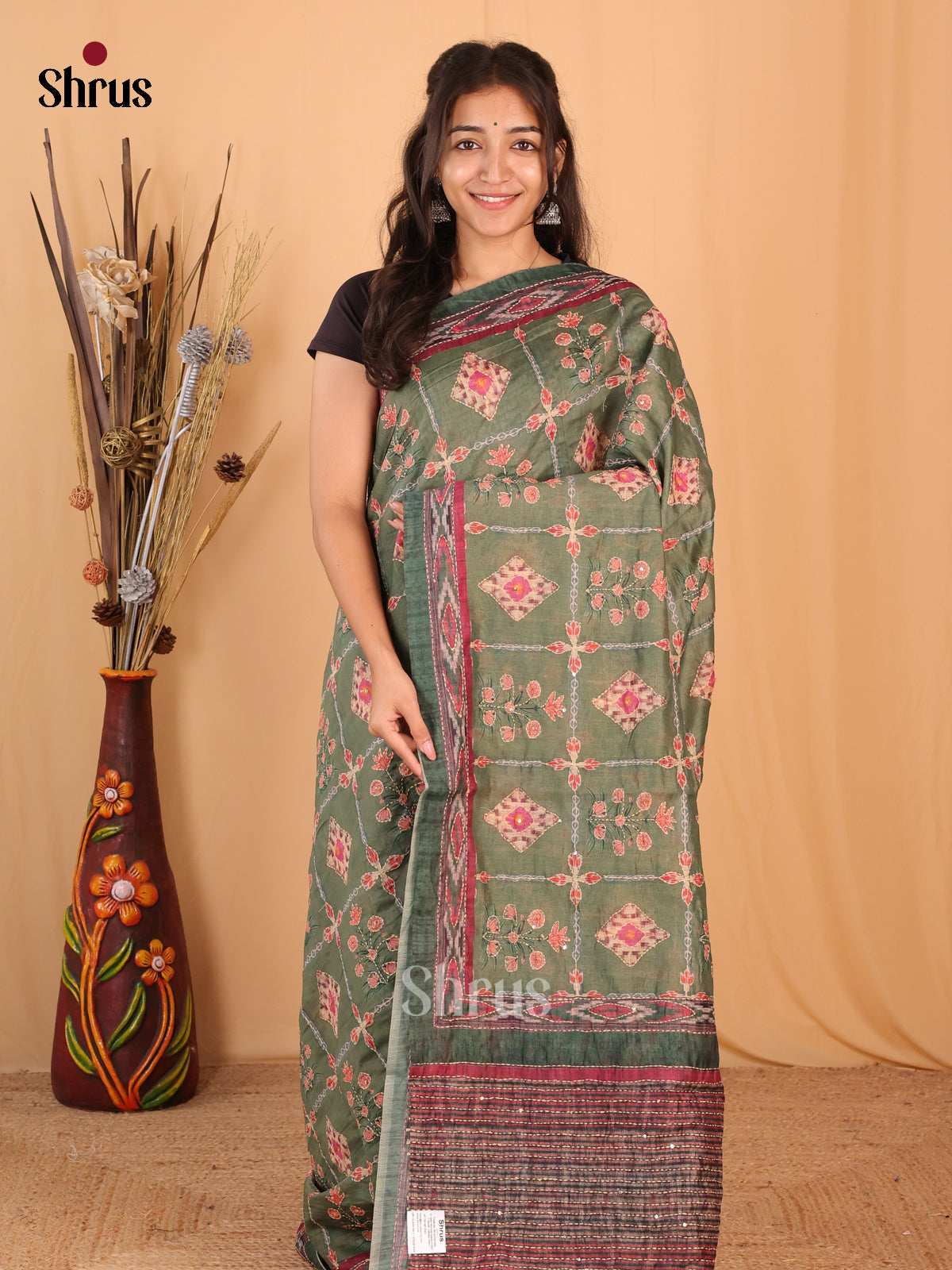 Mint Green - Semi Kantha Saree - Shop on Shrus.com