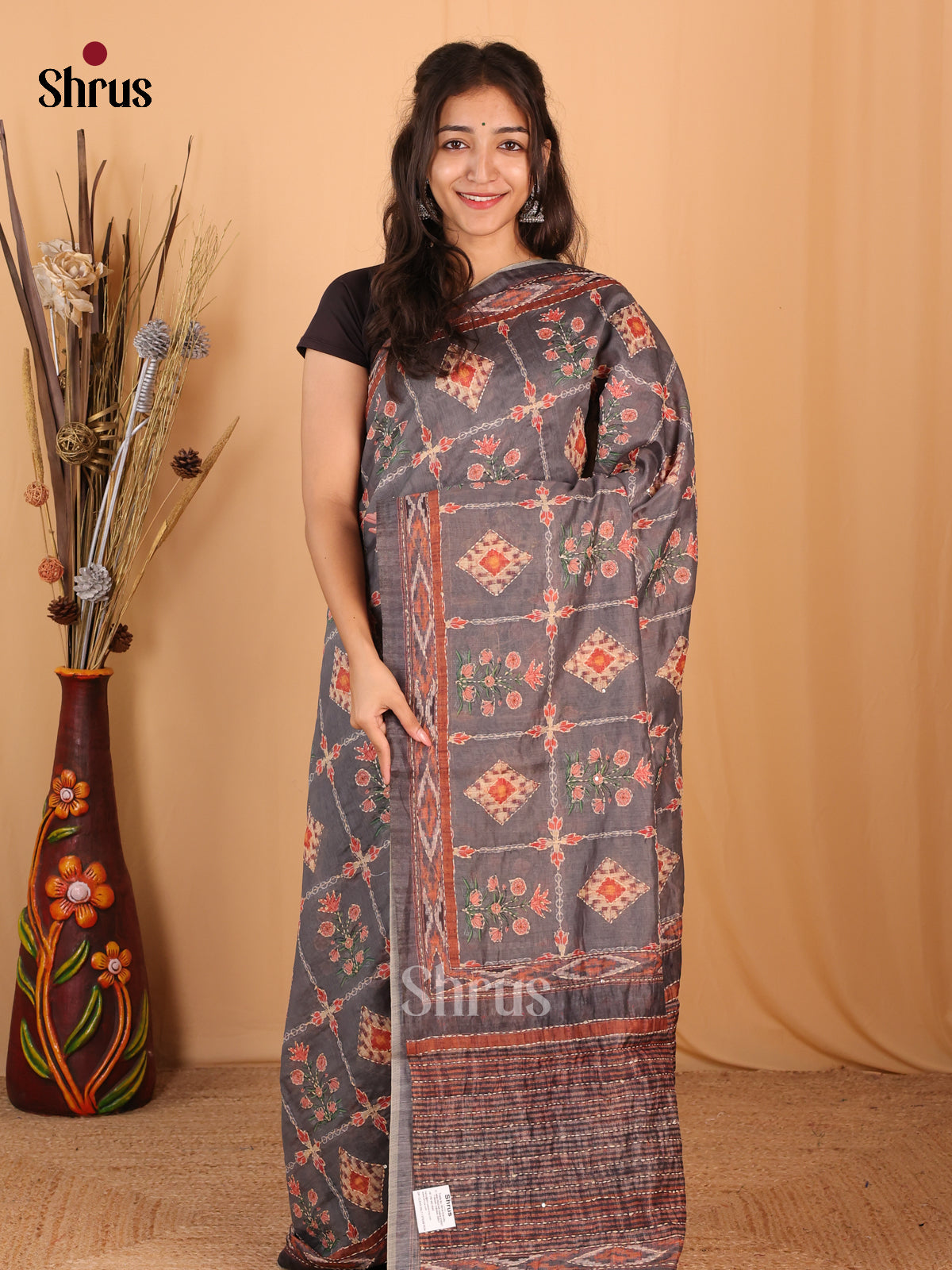 Grey & Brown - Semi Kantha Saree - Shop on Shrus.com